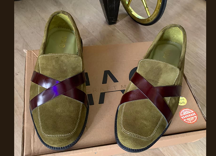 Handcrafted Olive Green Suede Loafers with Burgundy Straps - Unique Men’s Footwear